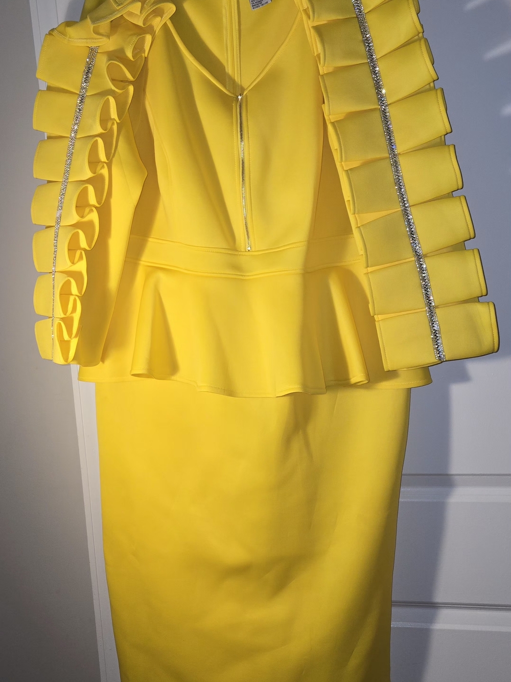 Yellow Long Sleeve Peplum Dress with Ruffle Sleeve Detail